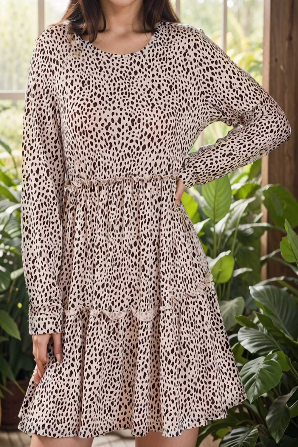 loose leopard print v neck dress drop shoulder a line closed cape paneled 145144