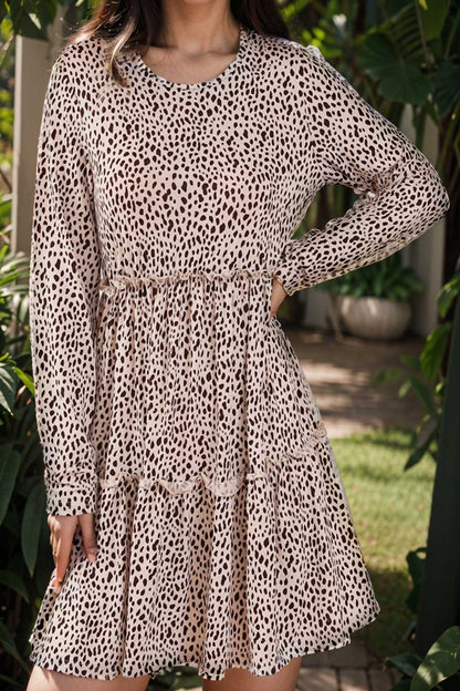 loose leopard print v neck dress drop shoulder a line closed cape paneled 106445
