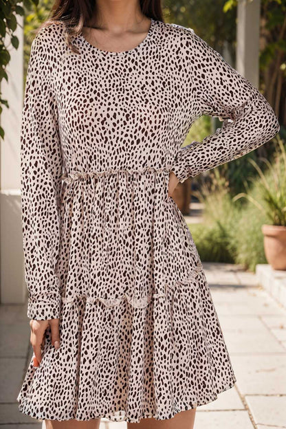 loose leopard print v neck dress drop shoulder a line closed cape paneled 106444