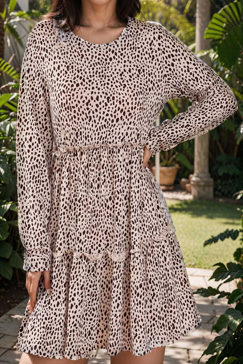 loose leopard print v neck dress drop shoulder a line closed cape paneled 129616