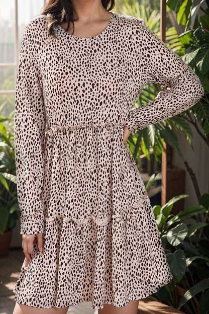 loose leopard print v neck dress drop shoulder a line closed cape paneled 105134