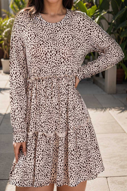 loose leopard print v neck dress drop shoulder a line closed cape paneled 129615