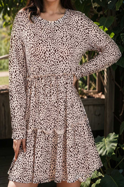loose leopard print v neck dress drop shoulder a line closed cape paneled 105133