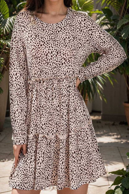 loose leopard print v neck dress drop shoulder a line closed cape paneled 127151