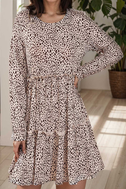 loose leopard print v neck dress drop shoulder a line closed cape paneled 133312