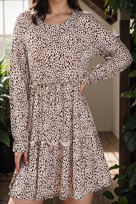 loose leopard print v neck dress drop shoulder a line closed cape paneled 133101