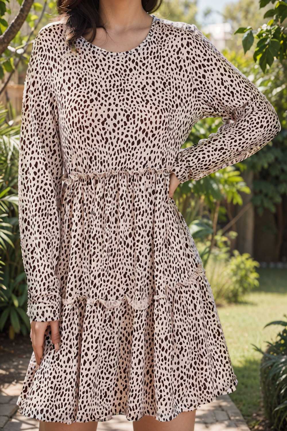 loose leopard print v neck dress drop shoulder a line closed cape paneled 105132