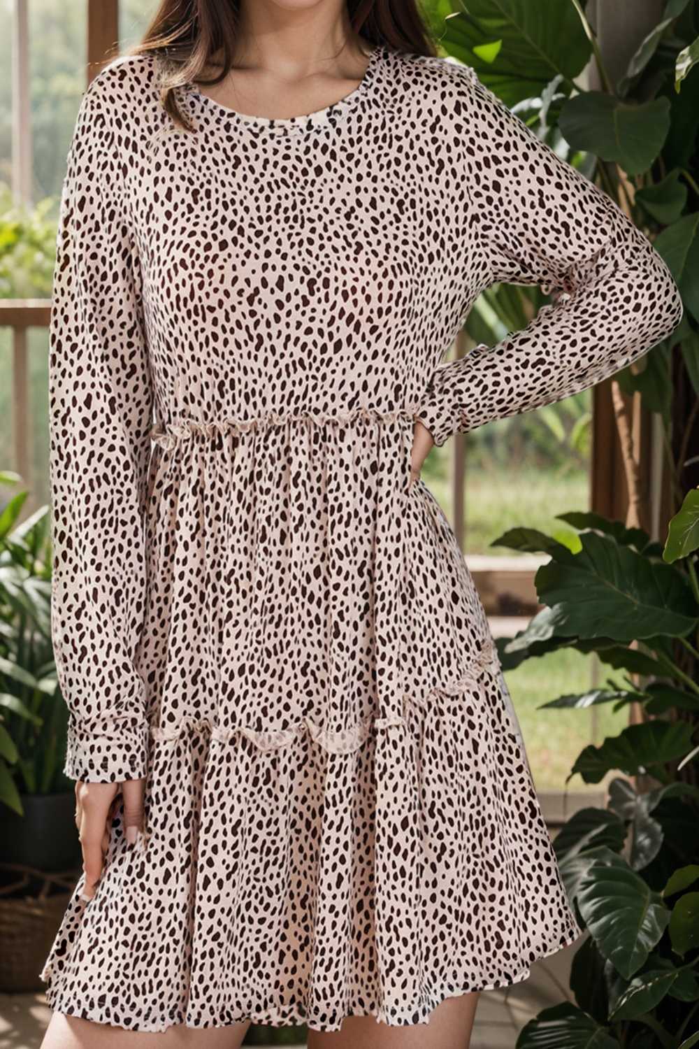 loose leopard print v neck dress drop shoulder a line closed cape paneled 129614