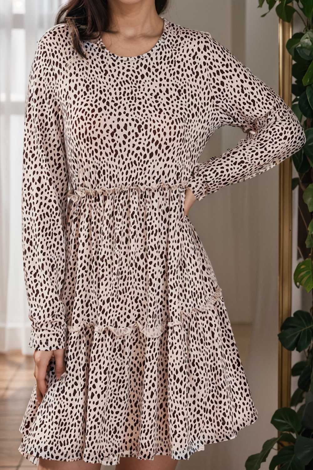 loose leopard print v neck dress drop shoulder a line closed cape paneled 106442