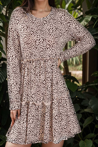 loose leopard print v neck dress drop shoulder a line closed cape paneled 129613