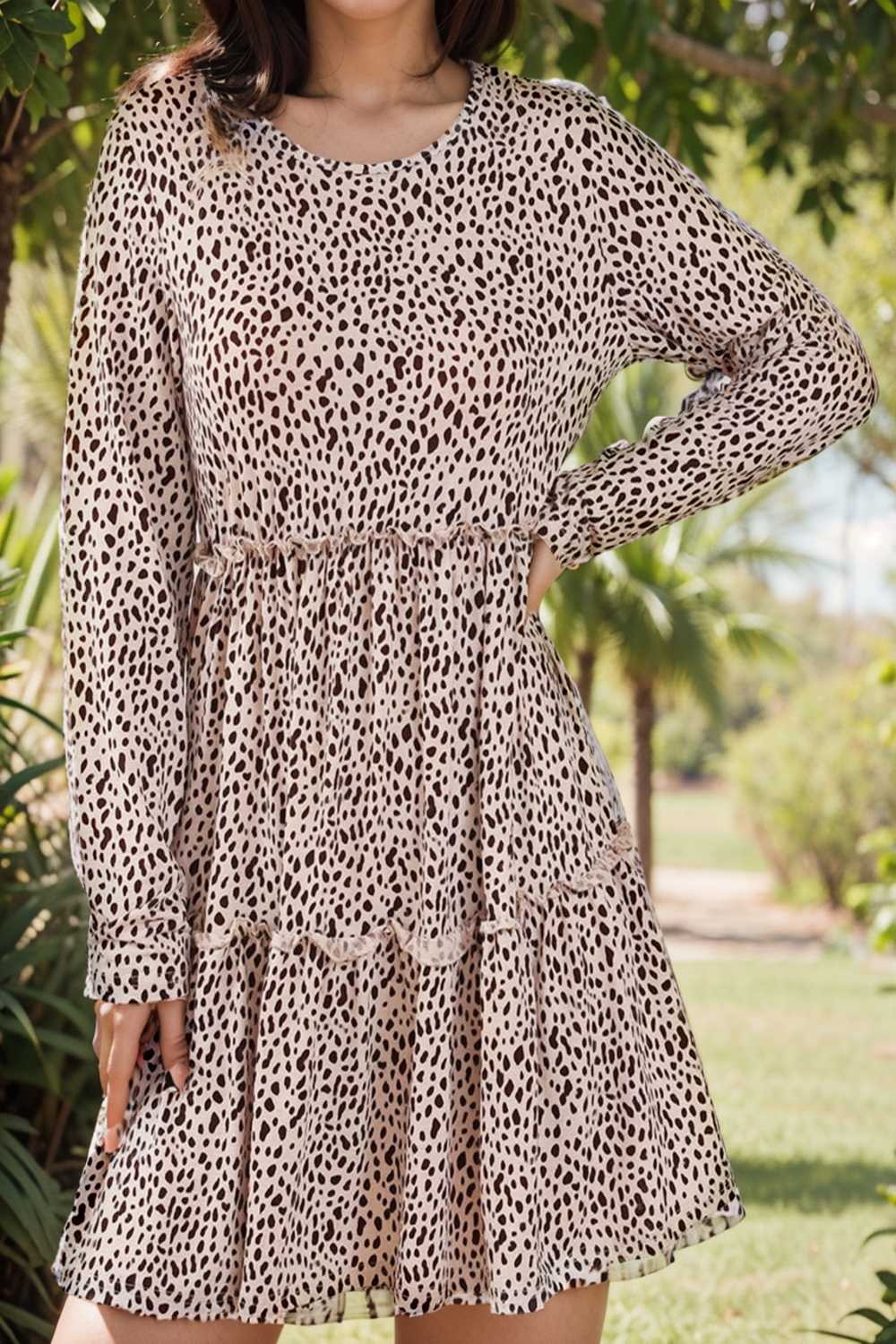 loose leopard print v neck dress drop shoulder a line closed cape paneled 106441
