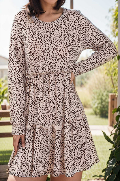loose leopard print v neck dress drop shoulder a line closed cape paneled 105131
