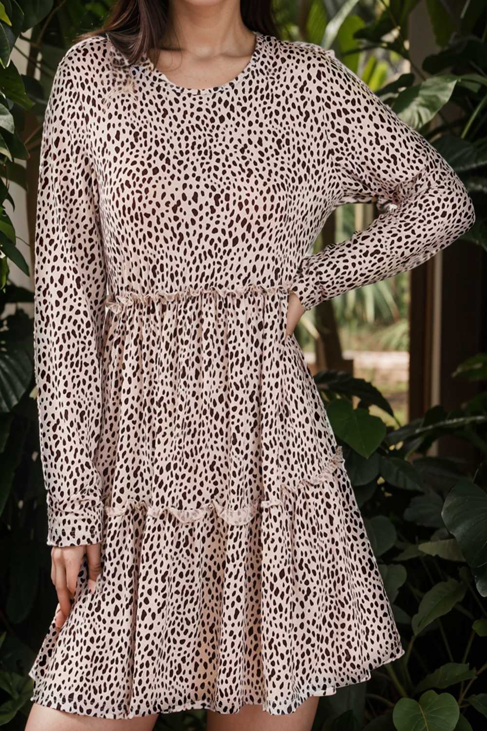 loose leopard print v neck dress drop shoulder a line closed cape paneled 141892