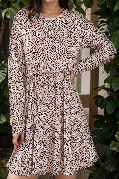 loose leopard print v neck dress drop shoulder a line closed cape paneled 106440