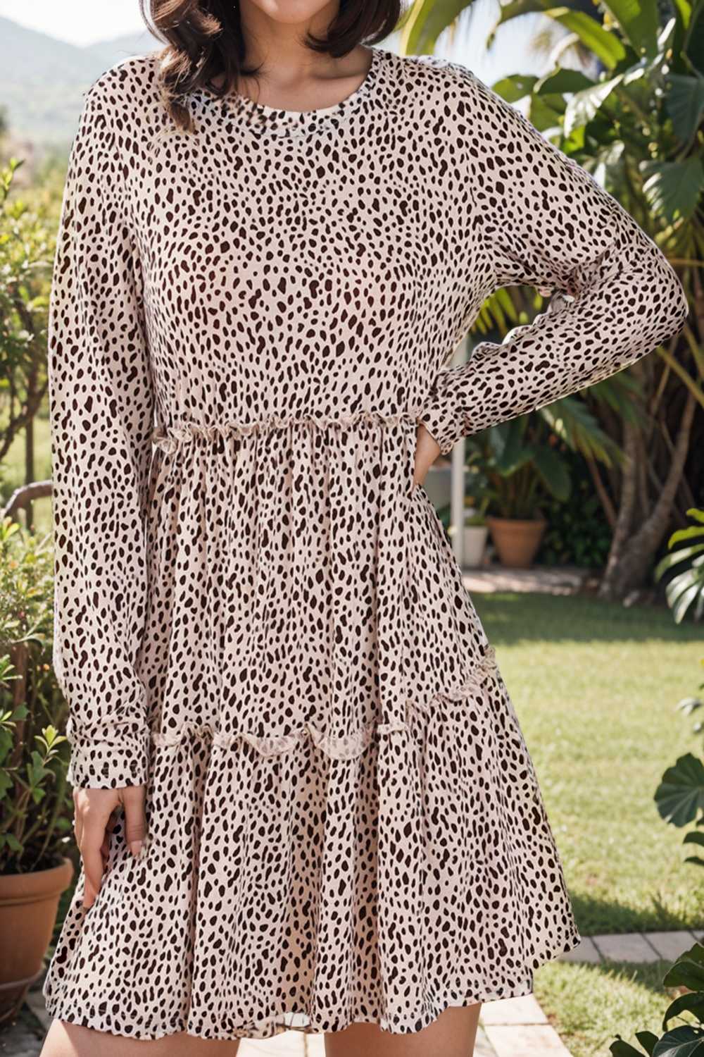 loose leopard print v neck dress drop shoulder a line closed cape paneled 141891