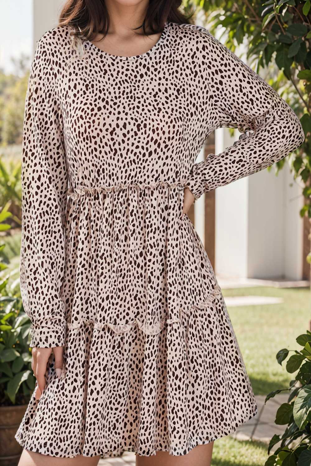 loose leopard print v neck dress drop shoulder a line closed cape paneled 105129