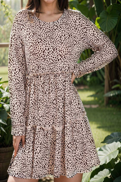 loose leopard print v neck dress drop shoulder a line closed cape paneled 141890