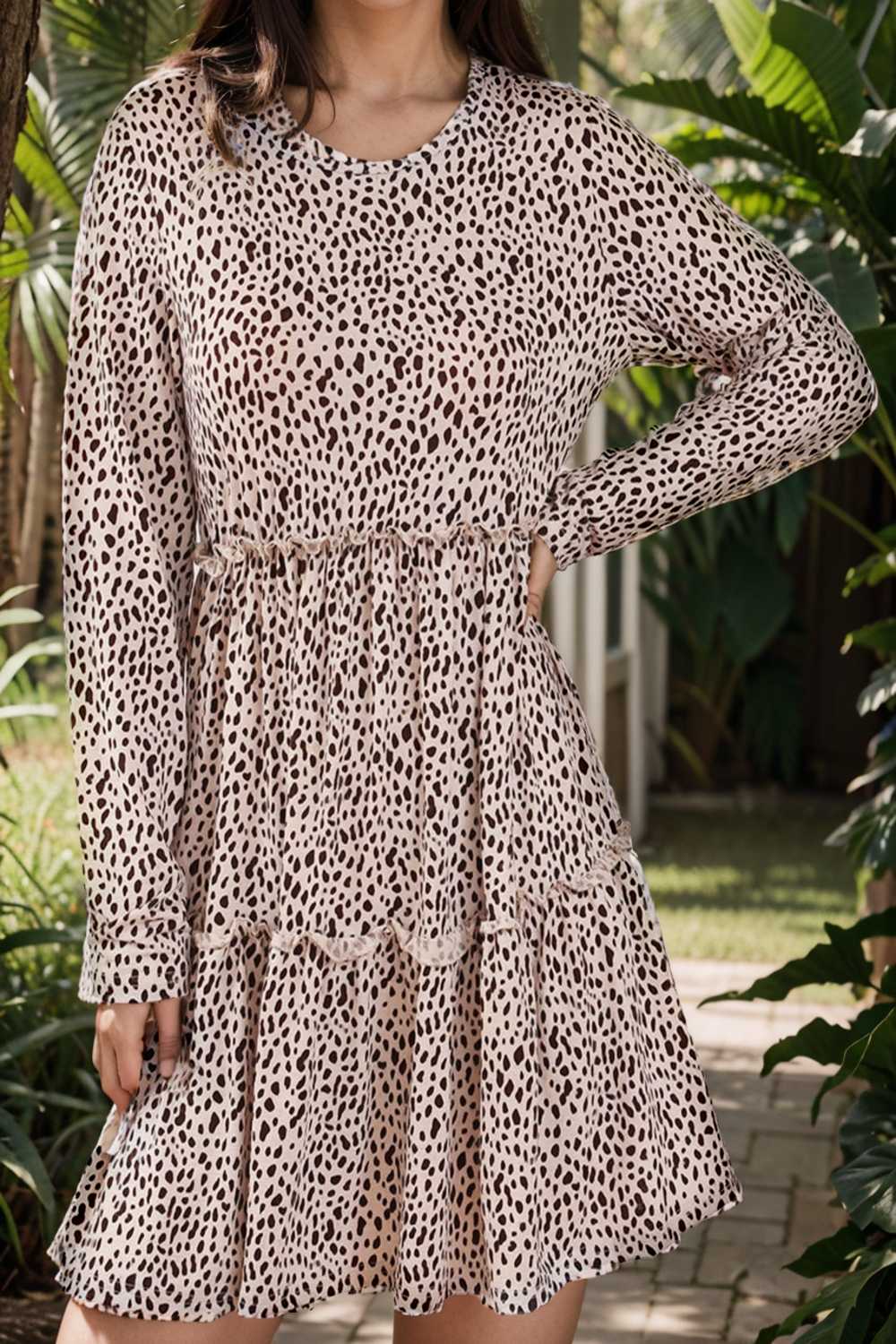 loose leopard print v neck dress drop shoulder a line closed cape paneled 141889