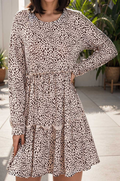 loose leopard print v neck dress drop shoulder a line closed cape paneled 106438