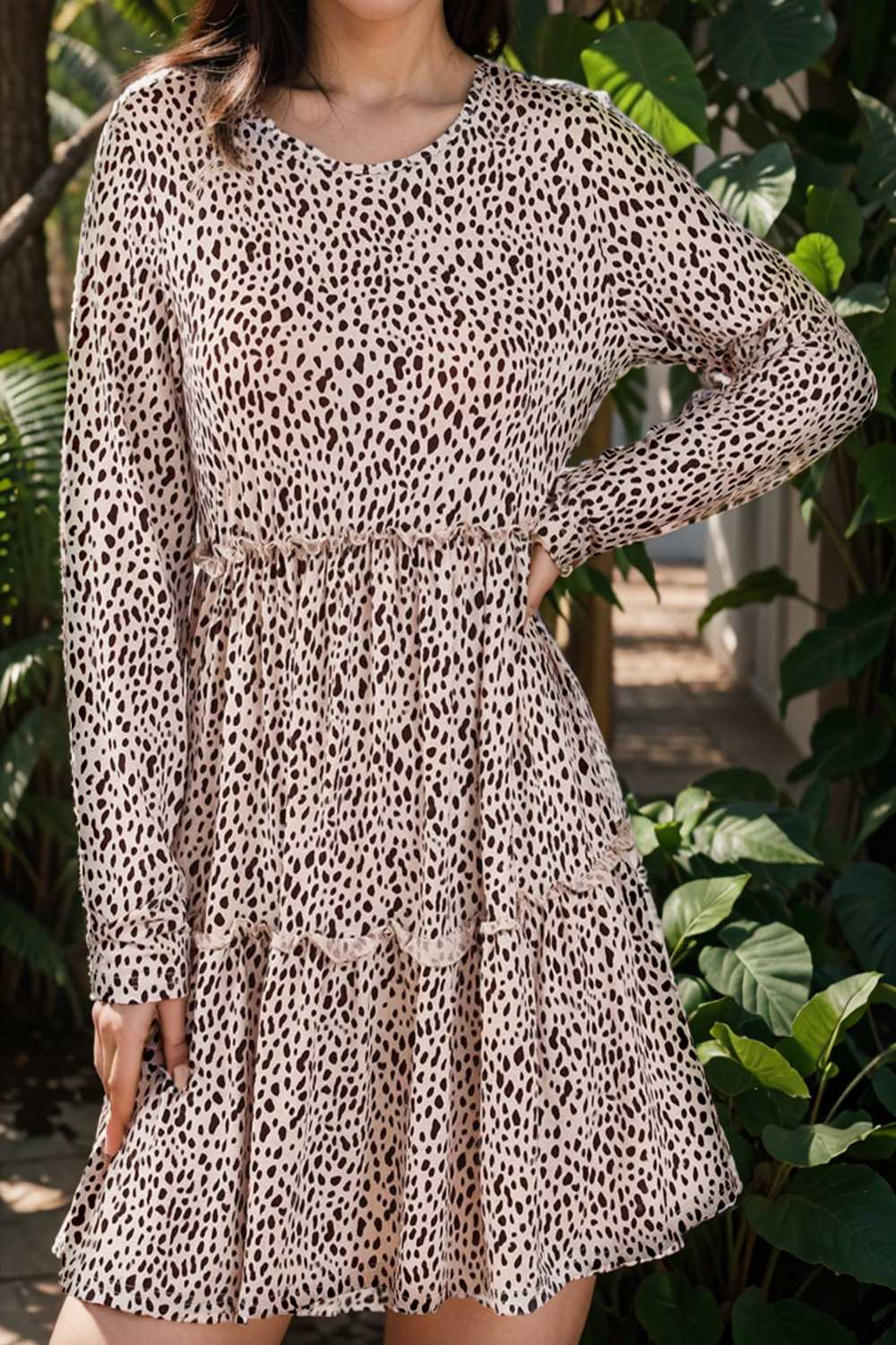 loose leopard print v neck dress drop shoulder a line closed cape paneled 141888