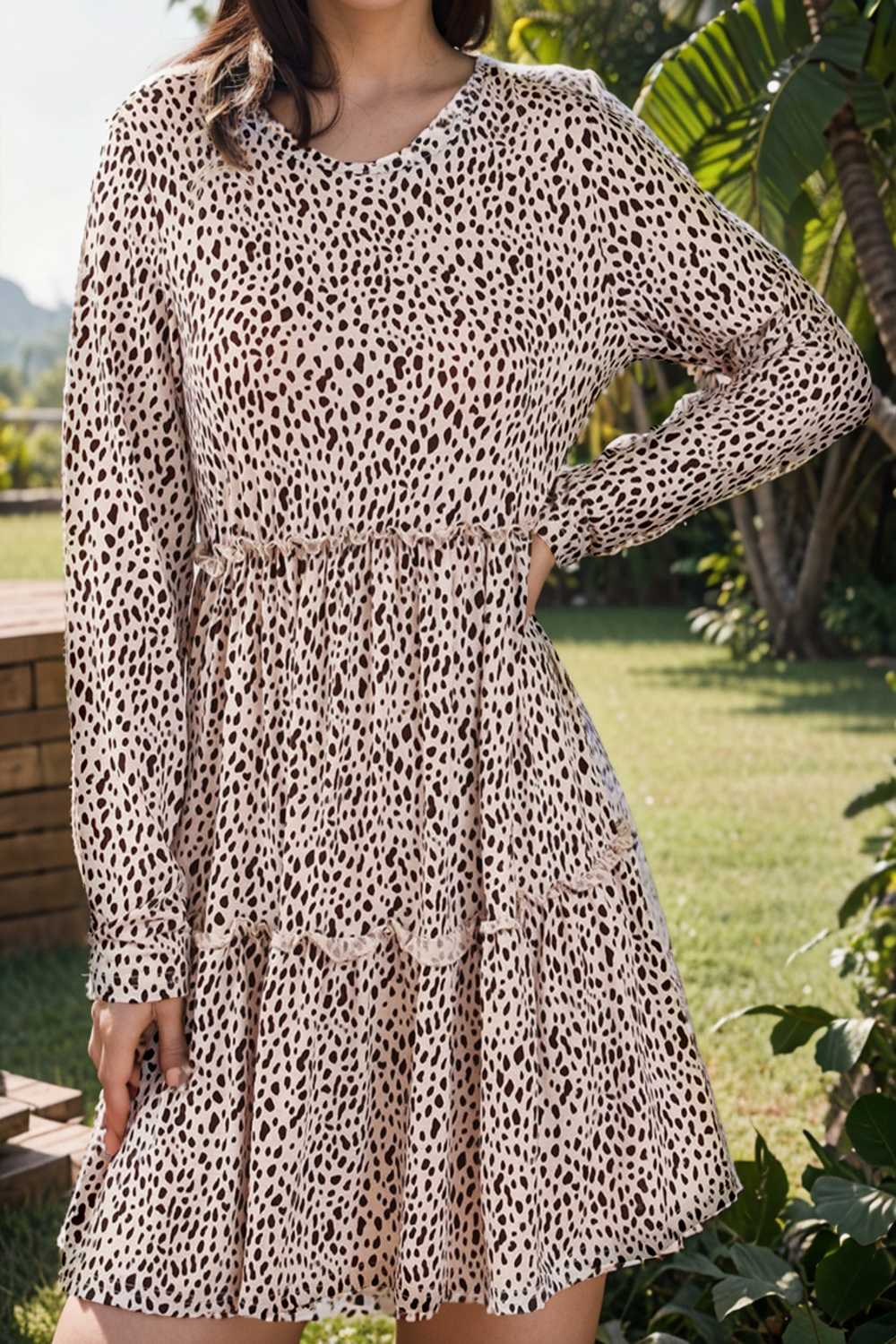 loose leopard print v neck dress drop shoulder a line closed cape paneled 106437