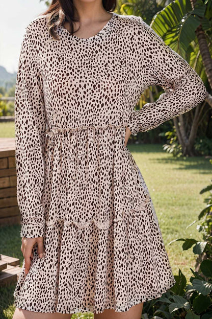 loose leopard print v neck dress drop shoulder a line closed cape paneled 106437