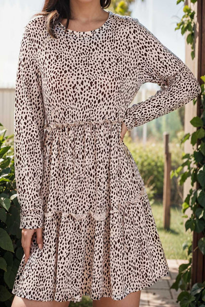 loose leopard print v neck dress drop shoulder a line closed cape paneled 141887