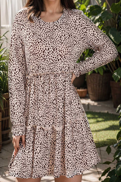loose leopard print v neck dress drop shoulder a line closed cape paneled 133164