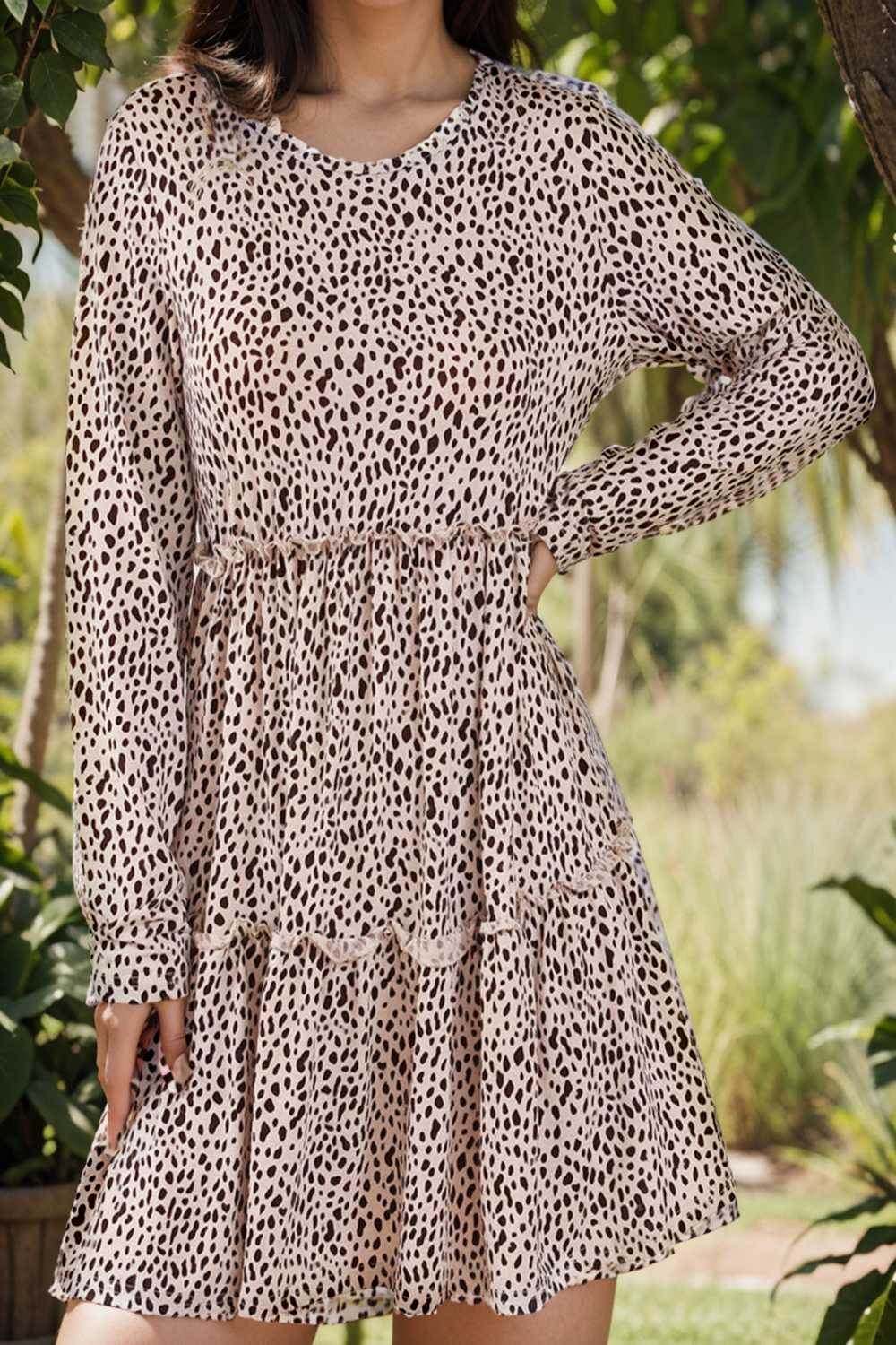 loose leopard print v neck dress drop shoulder a line closed cape paneled 106436