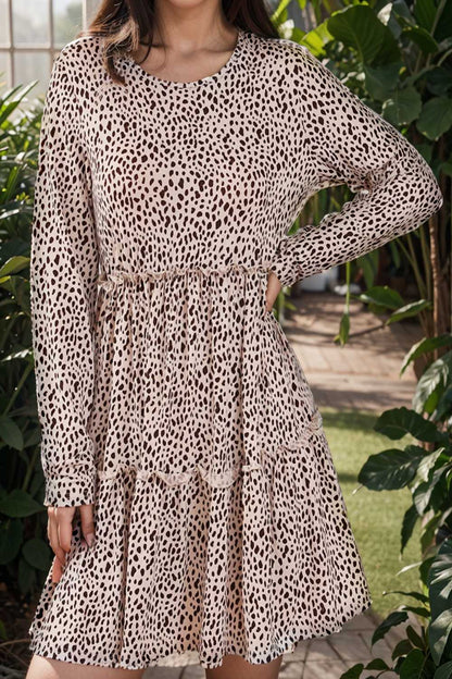 loose leopard print v neck dress drop shoulder a line closed cape paneled 141886