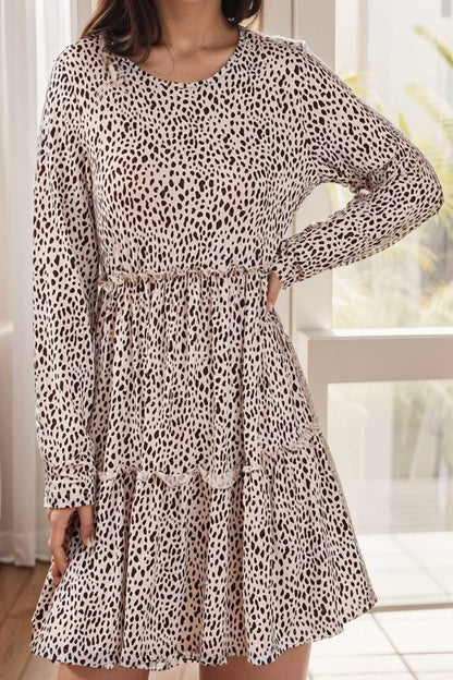 loose leopard print v neck dress drop shoulder a line closed cape paneled 106435