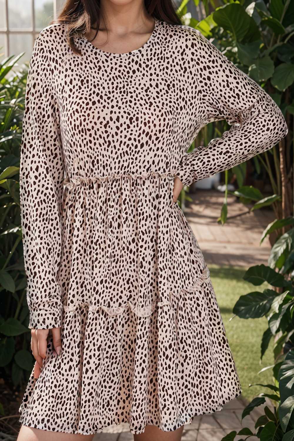 loose leopard print v neck dress drop shoulder a line closed cape paneled 129607