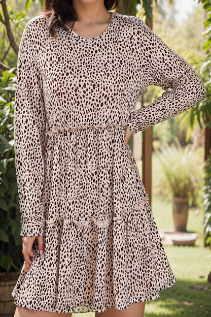 loose leopard print v neck dress drop shoulder a line closed cape paneled 141885