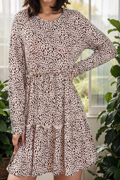 loose leopard print v neck dress drop shoulder a line closed cape paneled 129605