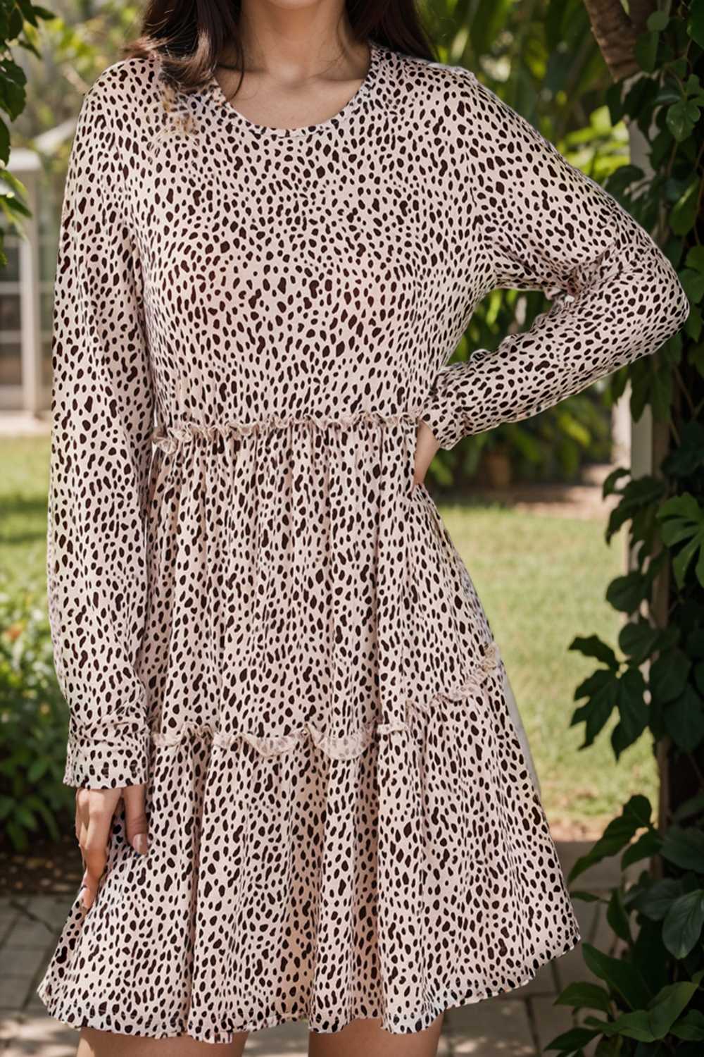 loose leopard print v neck dress drop shoulder a line closed cape paneled 105058