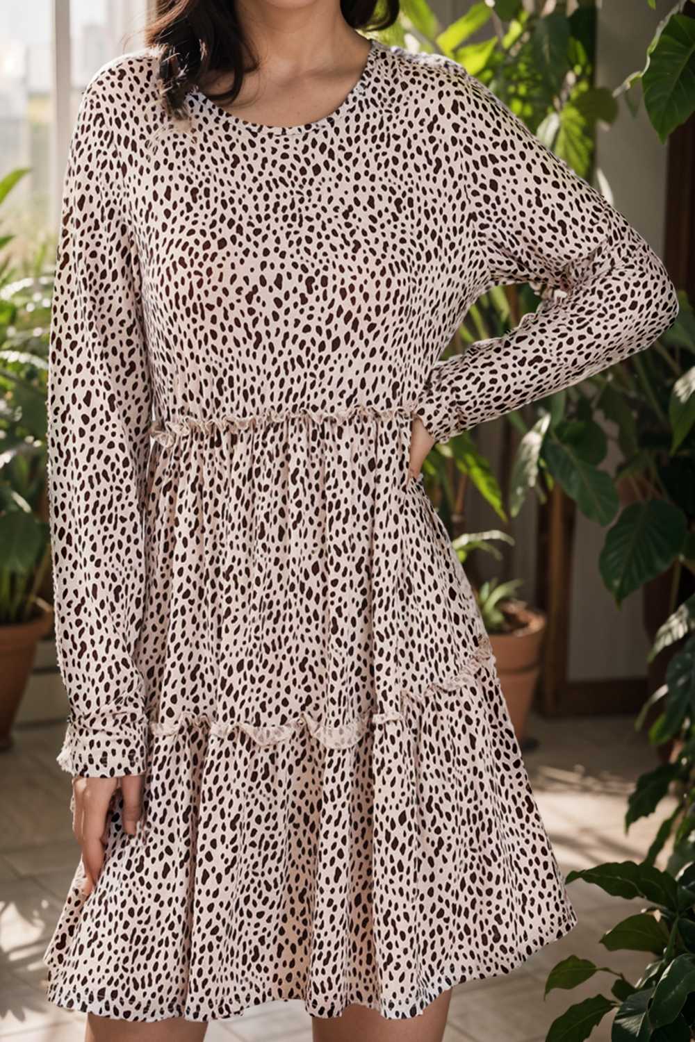 loose leopard print v neck dress drop shoulder a line closed cape paneled 141883