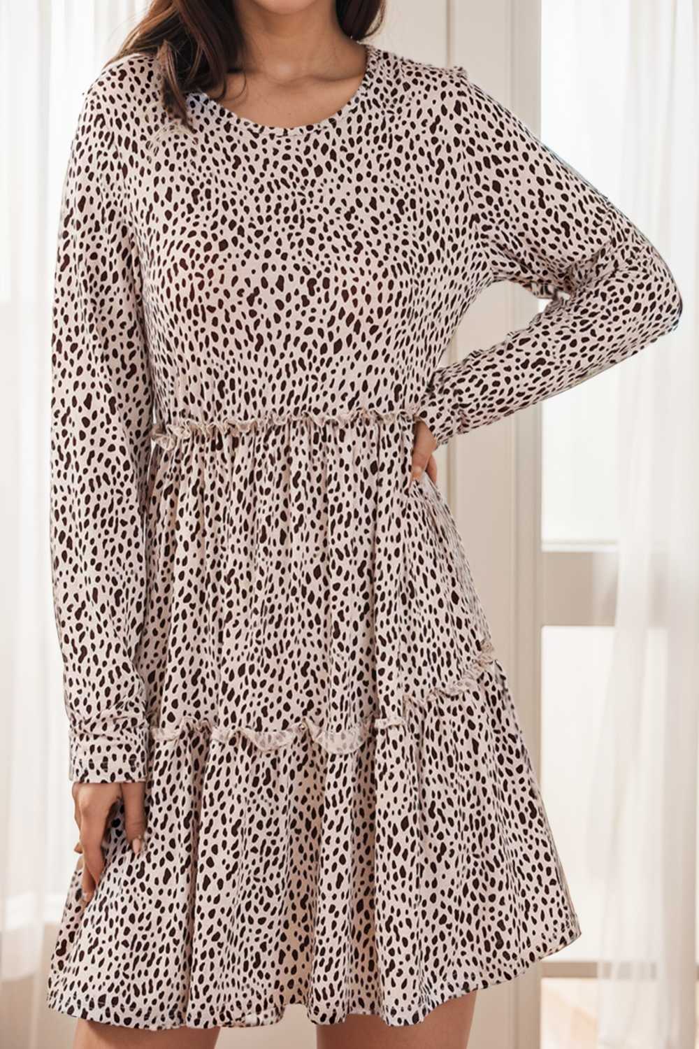 loose leopard print v neck dress drop shoulder a line closed cape paneled 129603