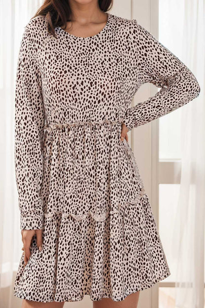 loose leopard print v neck dress drop shoulder a line closed cape paneled 129603