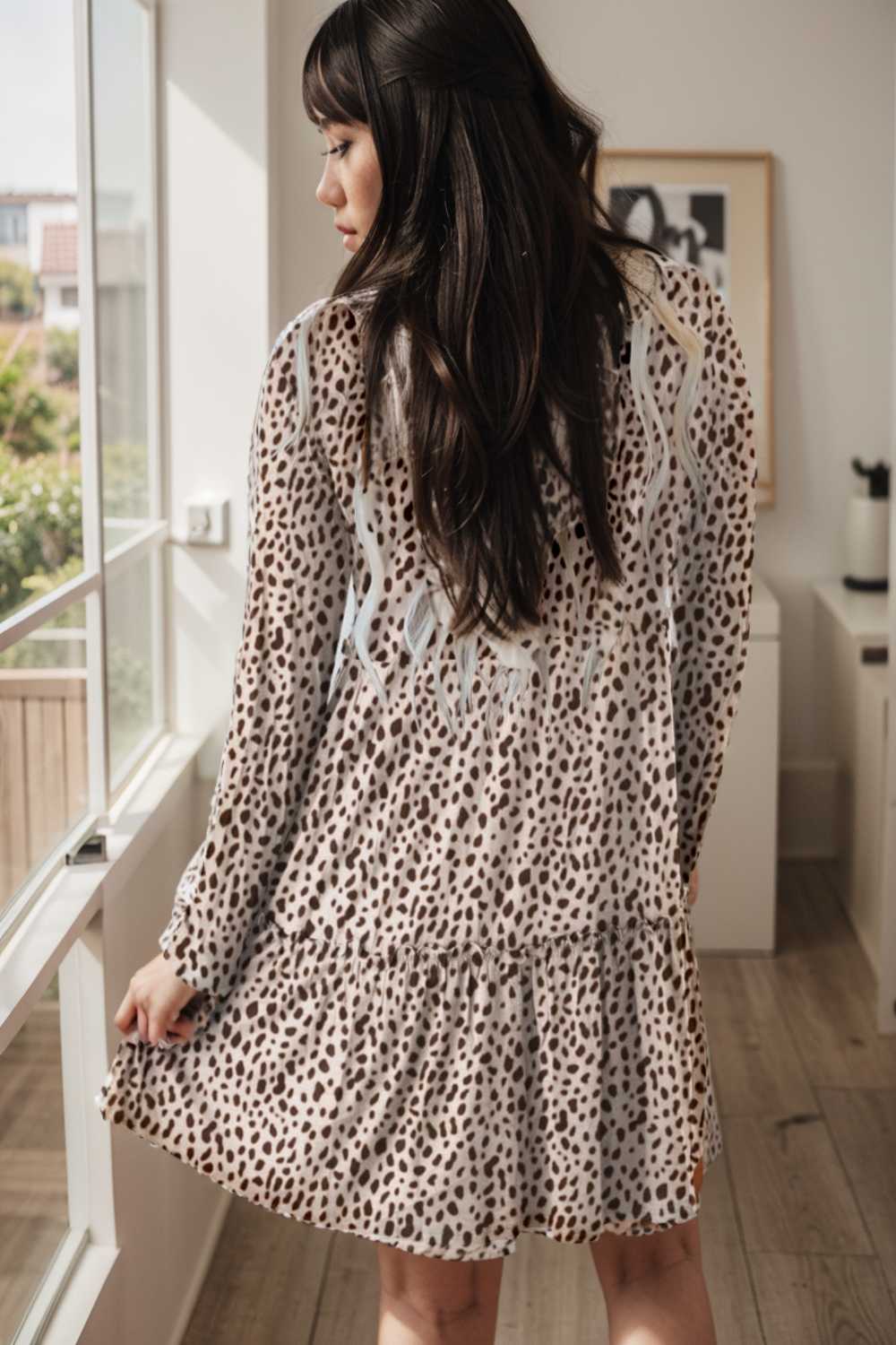 loose leopard print v neck dress drop shoulder a line closed cape paneled 127480