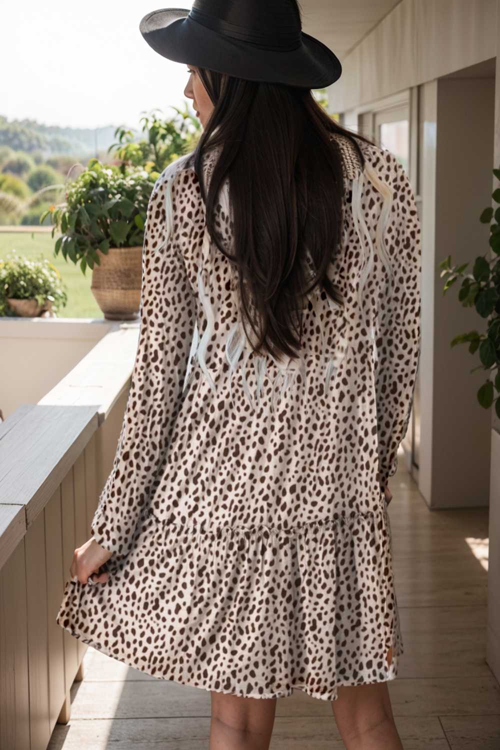 loose leopard print v neck dress drop shoulder a line closed cape paneled 106433