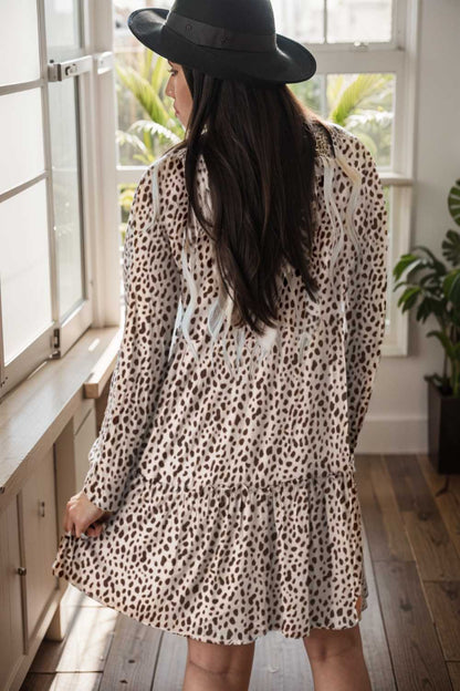 loose leopard print v neck dress drop shoulder a line closed cape paneled 107371