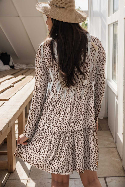 loose leopard print v neck dress drop shoulder a line closed cape paneled 110874