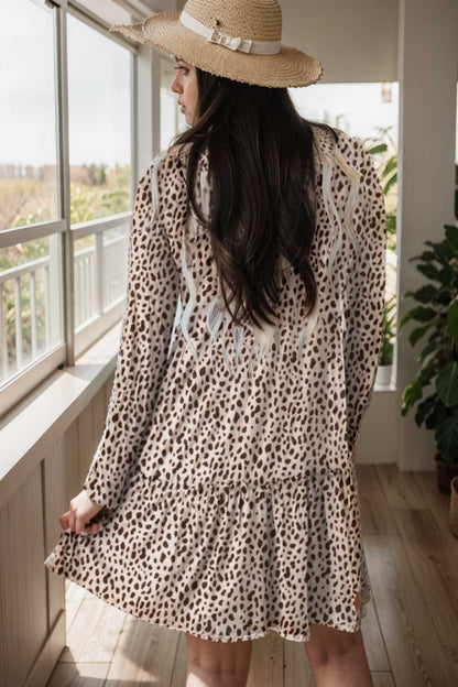 loose leopard print v neck dress drop shoulder a line closed cape paneled 130060