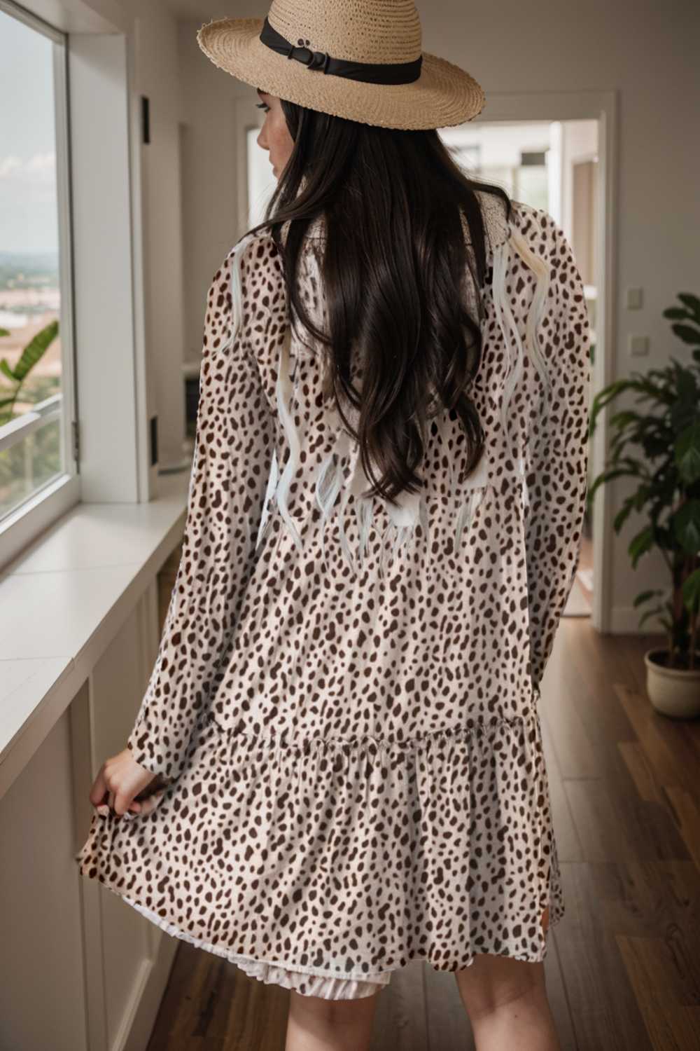 loose leopard print v neck dress drop shoulder a line closed cape paneled 108128
