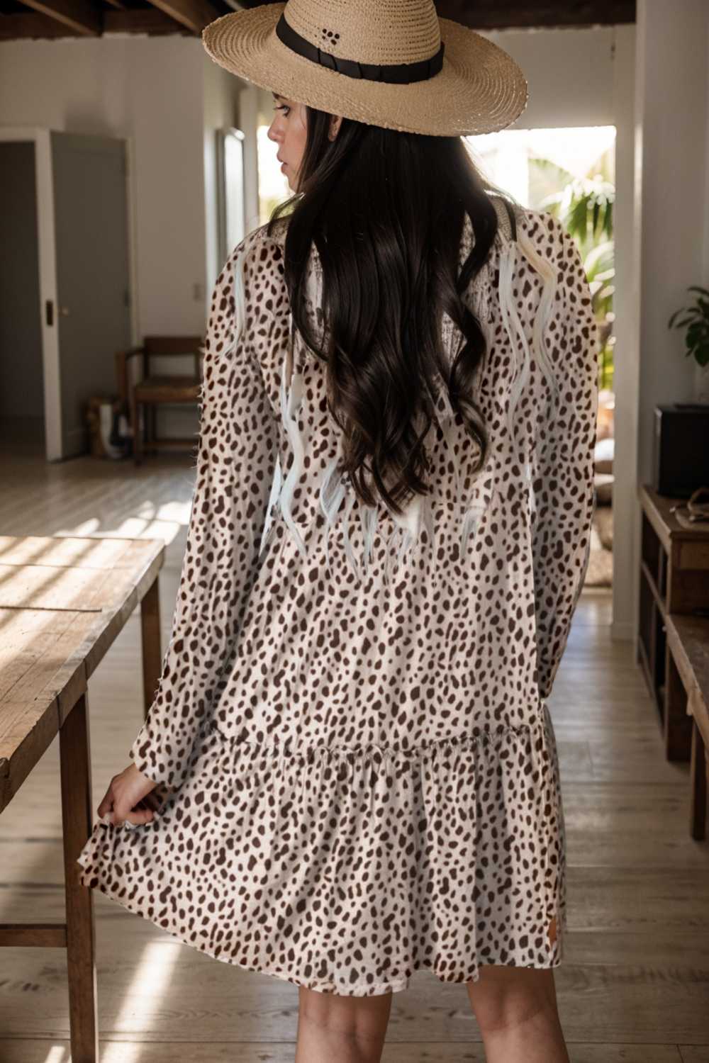 loose leopard print v neck dress drop shoulder a line closed cape paneled 105128