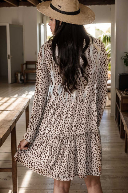 loose leopard print v neck dress drop shoulder a line closed cape paneled 105128