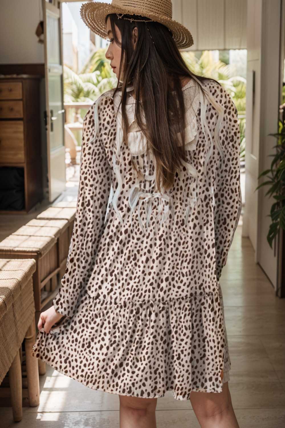 loose leopard print v neck dress drop shoulder a line closed cape paneled 127145