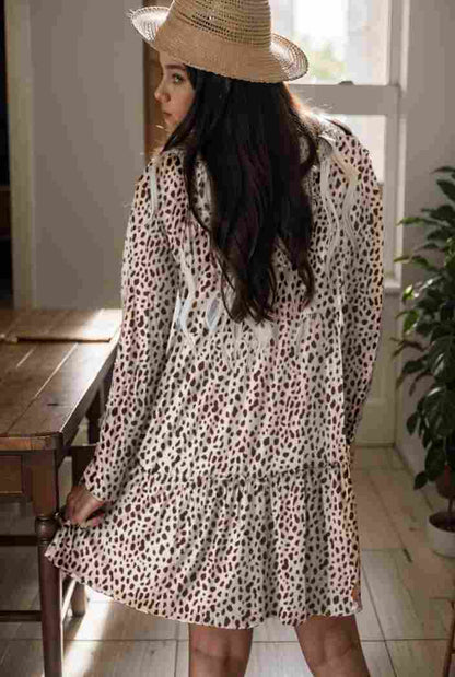 loose leopard print v neck dress drop shoulder a line closed cape paneled 131185