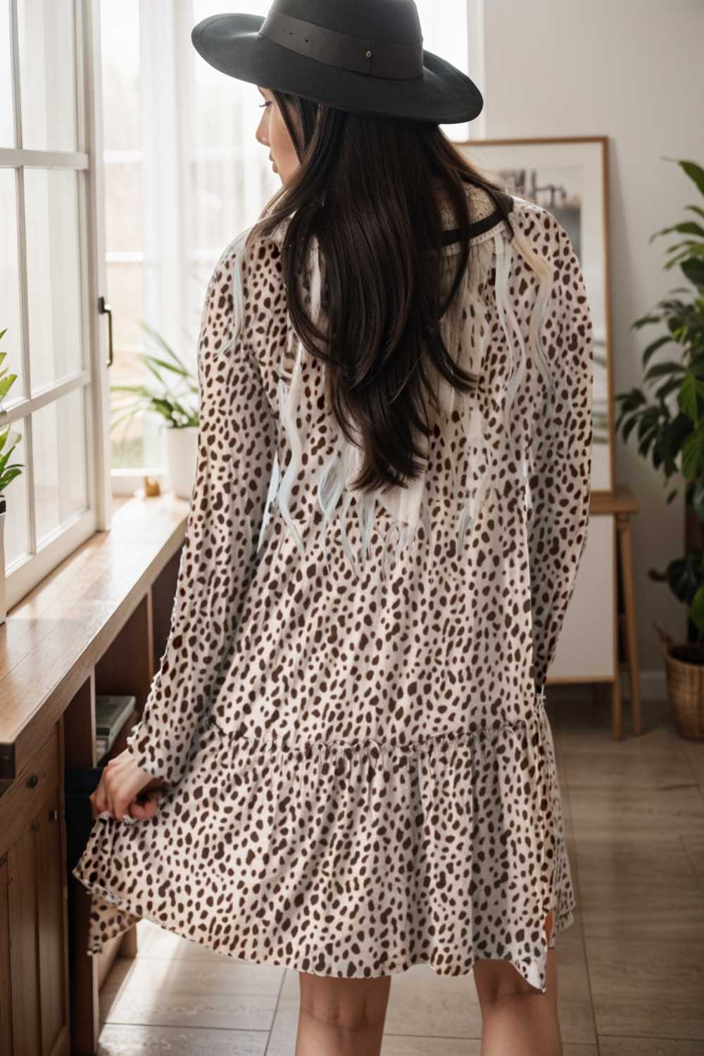 loose leopard print v neck dress drop shoulder a line closed cape paneled 134159