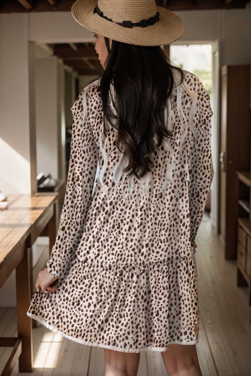 loose leopard print v neck dress drop shoulder a line closed cape paneled 108574